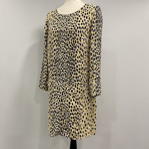 J. Crew 6 Tan Black Leopard Cheetah Print Long Sleeve Pockets Slip Shift Dress* - Picture 6 of 16